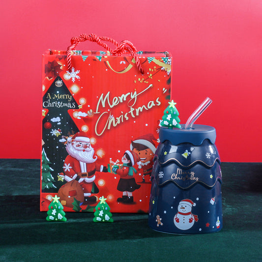 Taza navideña con pajita — diseño reno y caja de regalo