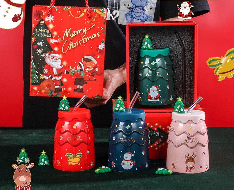 Taza navideña con pajita — diseño reno y caja de regalo