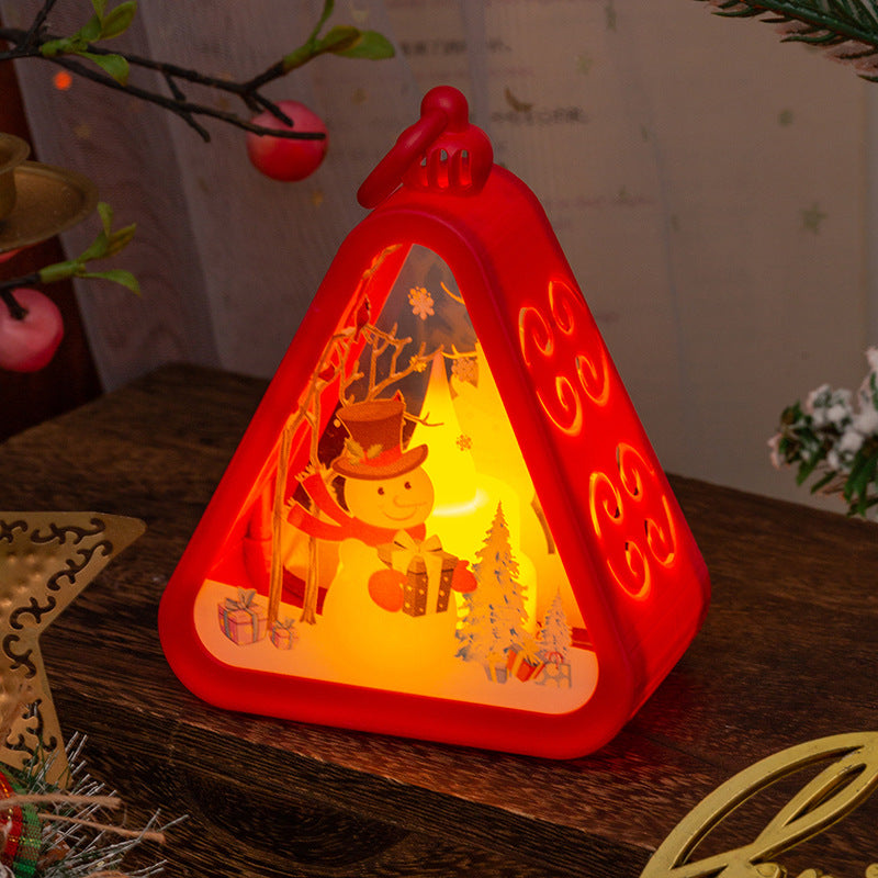 Farol navideño triangular con luz LED — diseño muñeco de nieve