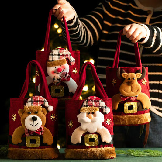 Bolsa de regalo navideña con muñeco 3D — diseños de Papá Noel, oso y muñeco de nieve