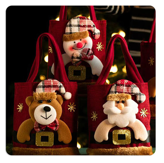 Bolsa de regalo navideña con muñeco 3D — diseños de Papá Noel, oso y muñeco de nieve